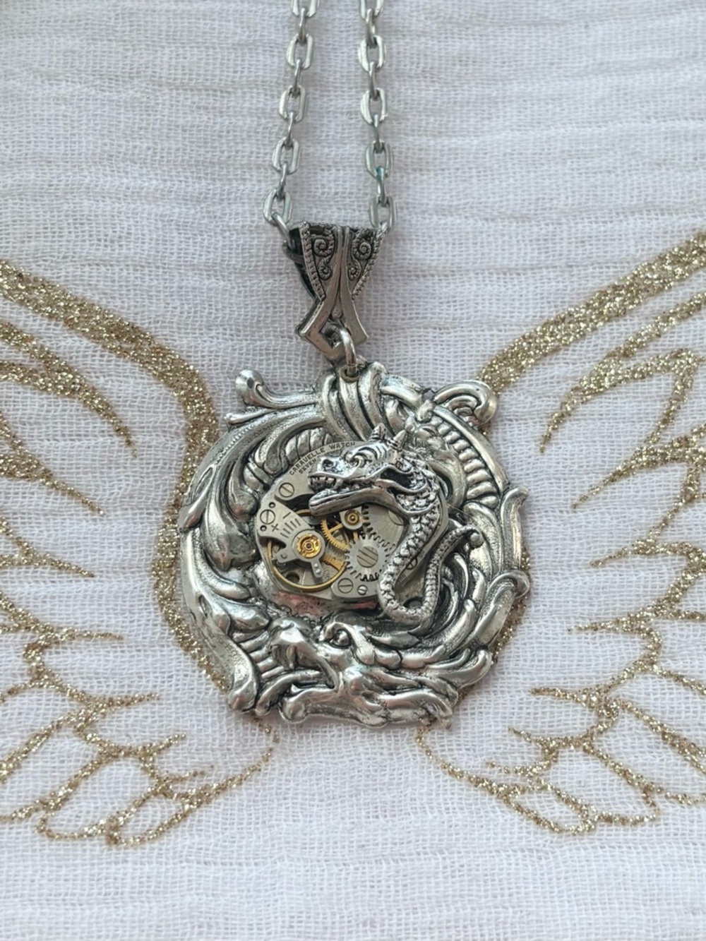 Silver Dragon Steampunk Pendant Necklace - Ornate Silver Tone GOT